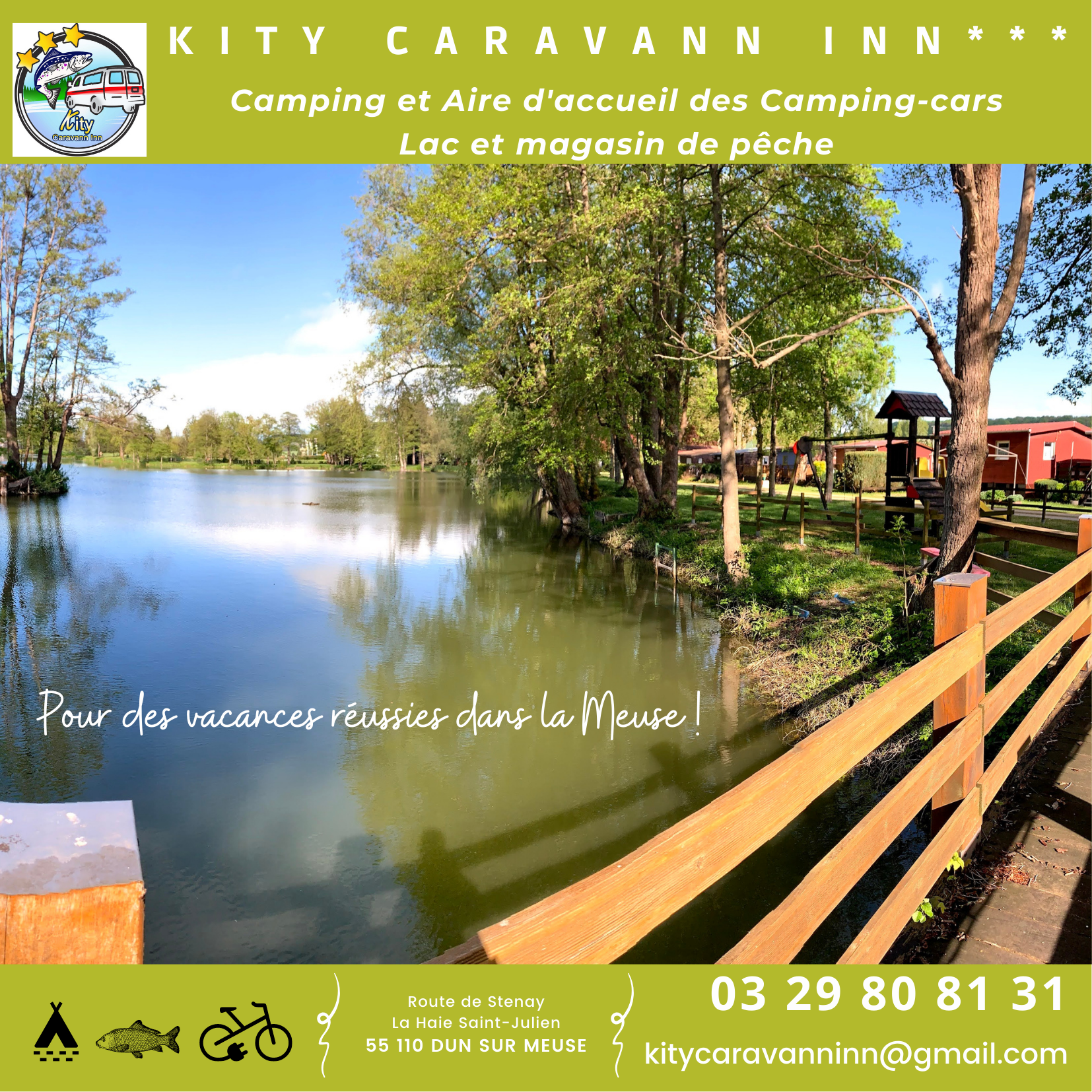 Infos et résas pour la saison 2022 chez Kity Caravann Inn*** votre camping pêche à Dun sur Meuse